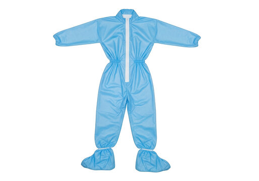 Light blue protective coverall suit with hood and shoe covers for medical safety isolated on transparent background