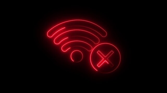 no signal WIFI internet icon animation glowing neon cross broadband no wireless cancel network signal computer and mobile phone wrong network sign symbol.4k motion video..