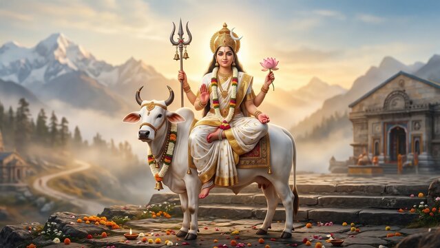 Goddess Shailaputri &mdash; First Navadurga Form with White Bull at Dawn
