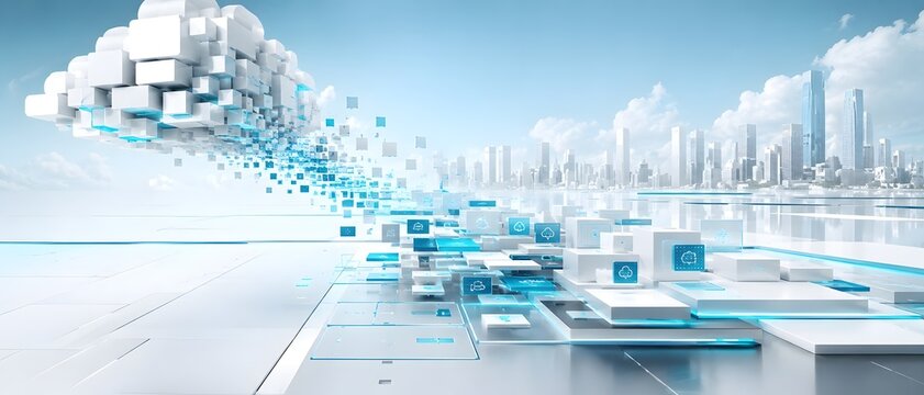 Futuristic smart city landscape with abstract digital cloud made of white and blue floating cubes representing cloud computing and data storage migration
