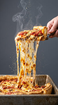 A hand lifting a slice of hot deep dish pizza with melting cheese pull.