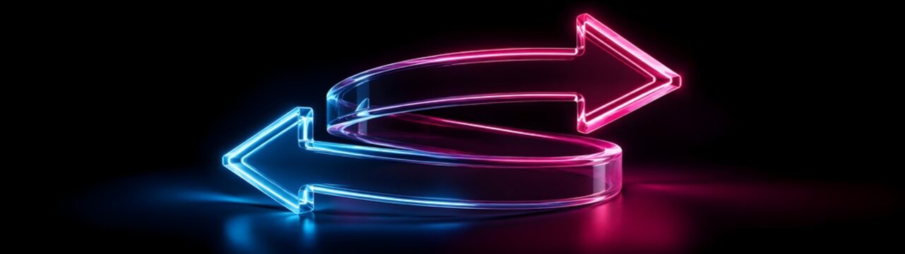 Two glowing neon glass arrows curving in a spiral shape pointing in opposite directions representing exchange interaction sync and dynamic business transaction