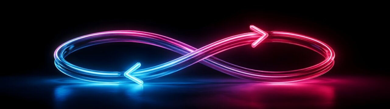 Glowing neon infinity symbol made of glass tubes with directional arrows representing continuous loop endless processes and eternal motion