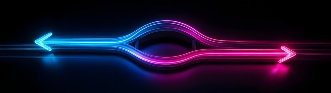 Abstract glowing neon arrows merging and separating representing dynamic business decisions and data network flow intersection