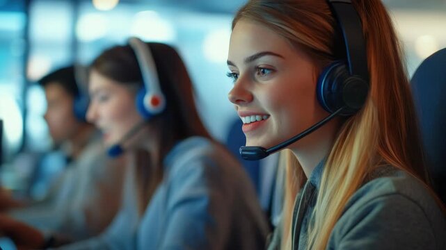 Smiling Female Customer Service Representative with Headset in Call Center