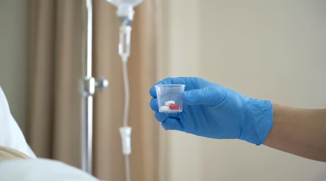 Gloved hand holding cup of pills beside iv stand for hospice and palliative care medication administration background and healthcare brochure design