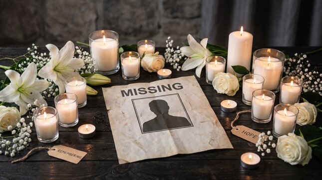 Somber Memorial Arrangement with White Lilies and Burning Candles Surrounding a Missing Person Poster on a Dark Table