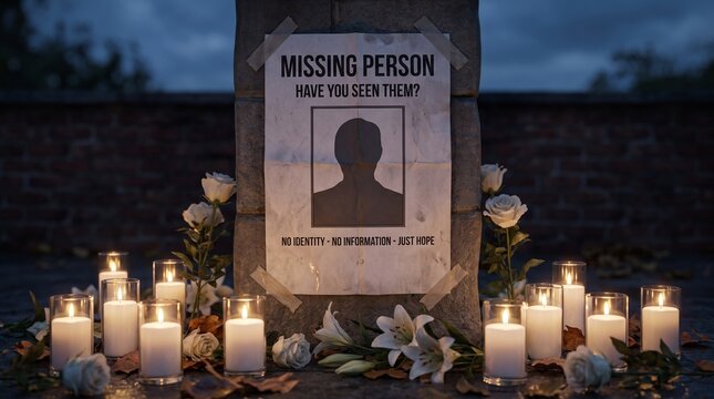 Missing Person Poster on Pillar with Burning Vigil Candles and White Roses Memorial