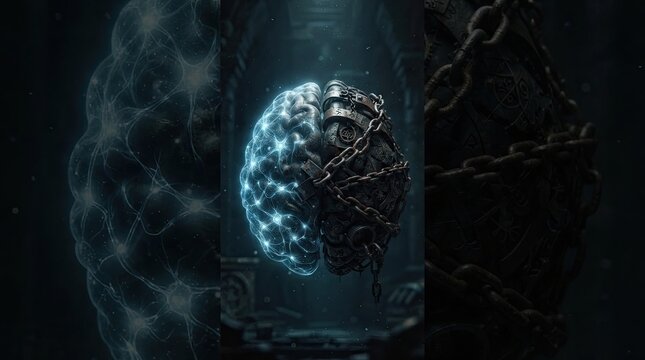 A dramatic digital artwork depicts a glowing brain encased in heavy, dark metal chains.