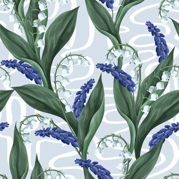 Seamless Flowers Pattern with Lily of the Valley Muscari and Abstract Curves Background