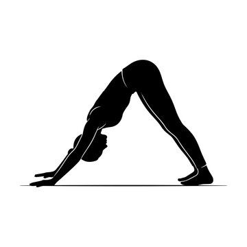 Silhouette of a woman in downward facing dog yoga pose isolated on white background for health and wellness