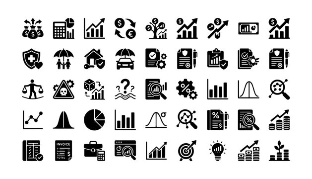 Comprehensive Set of Financial Data Analysis and Risk Management Icons for Business Investment and Insurance