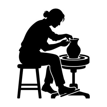 Black silhouette of a female artisan working on a pottery wheel creating a ceramic vase in her craft workshop