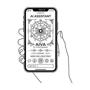 Line Art Illustration of a Hand Holding a Smartphone Displaying an AI Virtual Assistant App Interface