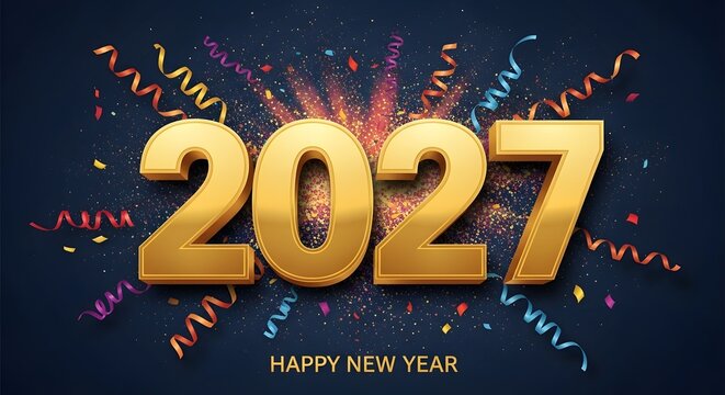 Gold 2027 happy new year greeting card design with colorful confetti and festive celebration background elements