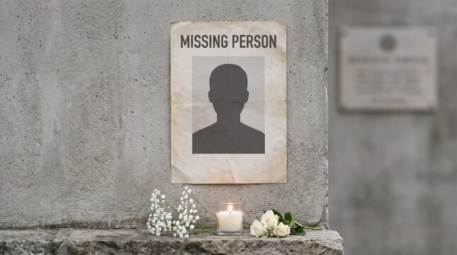 A solemn vigil scene with a missing person poster, a flickering candle, and white flowers, embodying remembrance and the search for a lost loved one