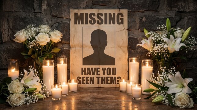 Memorial shrine for missing person featuring silhouette poster with white flowers and lit candles on wooden table