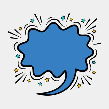 Vibrant blue comic speech bubble featuring explosive star accents and bold black outline for message display