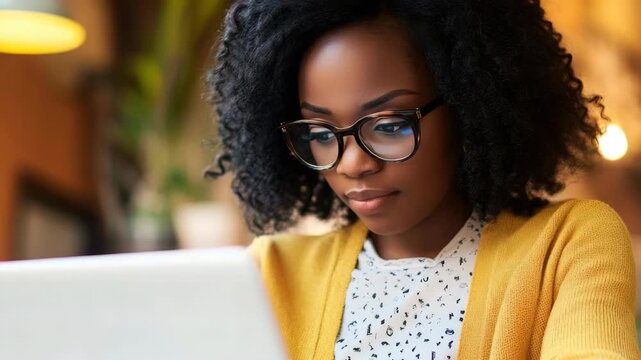 Smiling Black woman with curly hair and glasses using a laptop