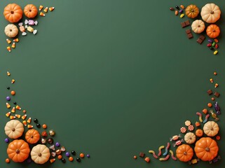 Fototapeta premium Festive halloween background featuring decorative pumpkins and autumn leaves arranged in the corners of a green surface