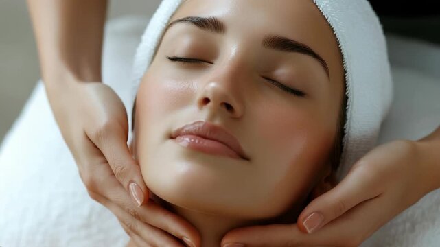 Close-up of a woman receiving a facial massage at a spa