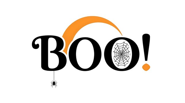 Boo Text with Spider and Web on Orange Crescent Moon Halloween lettering