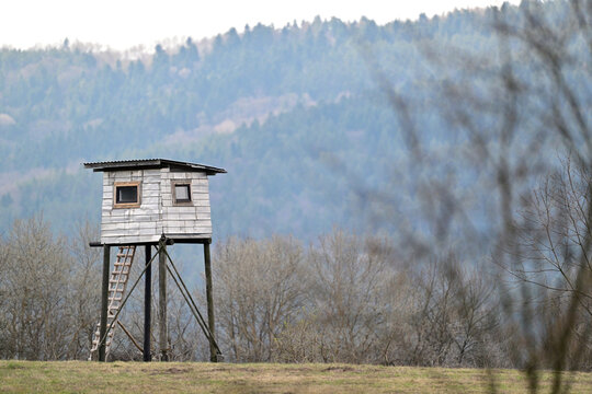 Hunting lodge on the edge of the forest overlooking the meadows for hunting animal