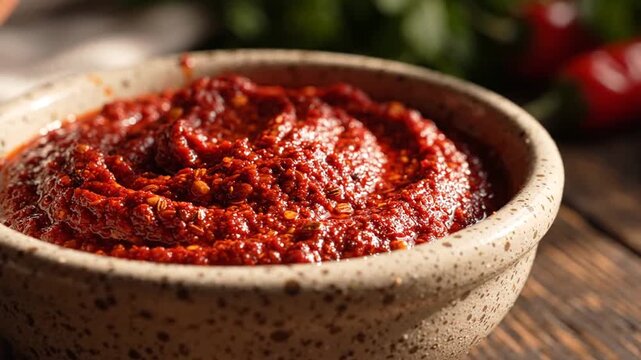 Spicy red chili paste in a ceramic bowl on a rustic wooden table.