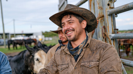 Fototapeta premium Multicultural cattle ranching crew sheltering under a ranch entrance gate in rain-soaked twilight, Japanese indigo-dyed bandanas around several workers' necks as the aftermath of a long muster day s