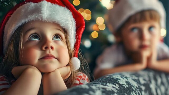 Little Girl in Santa Hat Looking Up in Wonder at Christmas Tree