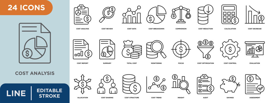 Cost analysis  line icon set with editable stroke for cost review, cost data, cost breakdown, comparison, cost reduction, calculation