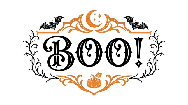 Ornate Halloween Boo Text with Bats Pumpkin and Flourishes lettering word