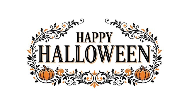 Ornate Happy Halloween text with pumpkins and decorative floral elements greeting celebration