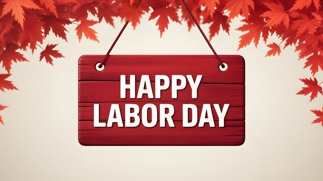 Happy labor day wooden sign hanging with red autumn maple leaves on a light beige background