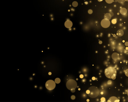 Clusters of soft golden bokeh lights fill the dark background with varying sizes and gentle glow. These shimmering orbs scatter mostly on the right side, creating a dynamic effect.