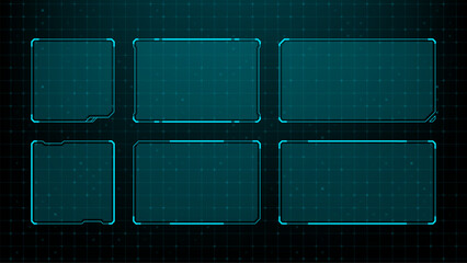 Futuristic hud frame set on digital grid background. Cyan neon rectangular border collection for sci fi interface. High tech holographic display template for game ui and virtual data screen concept