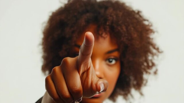 African American Woman with Curly Hair Pointing Finger at Camera