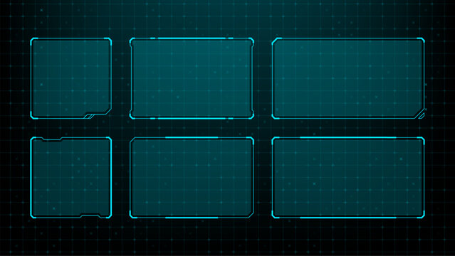 Futuristic hud frame set on digital grid background. Cyan neon rectangular border collection for sci fi interface. High tech holographic display template for game ui and virtual data screen concept
