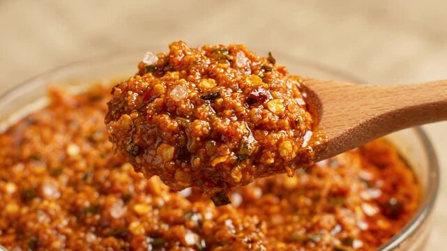 Wooden spoon scooping and lifting spicy red chili paste from a glass bowl.