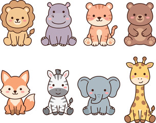 Fototapeta premium Cute Wild Animal Characters Set – Lion, Hippo, Tiger, Bear, Fox, Zebra, Elephant and Giraffe Vector Illustration