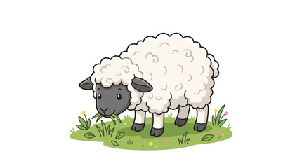 Obraz premium Cute fluffy lamb grazing peacefully on green grass vector illustration