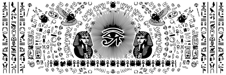 Obraz premium Egyptian symbols set with intricate details featuring Eye of Horus, scarab beetle, pharaoh bust with hieroglyphs and ancient patterns
