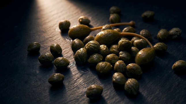 Gourmet green caper berries and buds on dark stone slate with dramatic side light