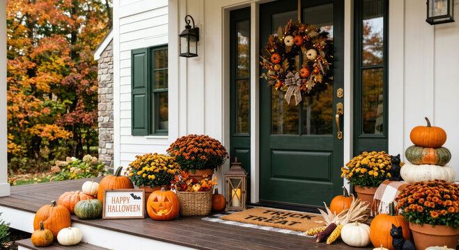 Cozy autumn front porch with Halloween pumpkins, wreath, lantern and fall decorations. Perfect for festive design ideas, holiday celebrations.