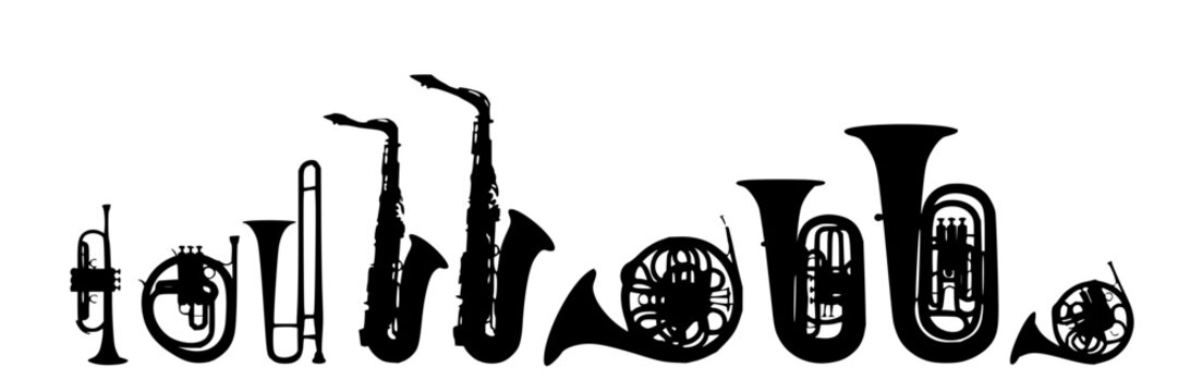 Brass instruments set with golden trumpet, trombone, saxophone featuring tuba, french horn, euphonium with cornet, sousaphone and helicon