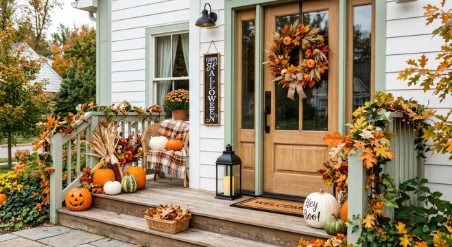 Cozy autumn front porch with Halloween pumpkins, wreath, lantern and fall decorations. Perfect for festive design ideas, holiday celebrations.