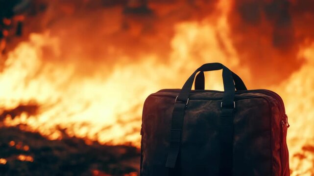 Close-up of a black duffel bag in front of a burning fire