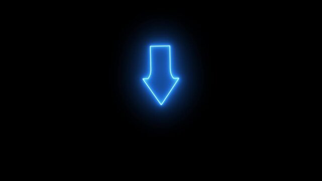 Blue neon glowing arrow animation pointing down on black background, download and direction concept