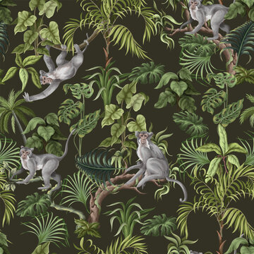 Jungle Monkeys Seamless Pattern with Tropical Leaves Exotic Wildlife and Botanical Forest Branches