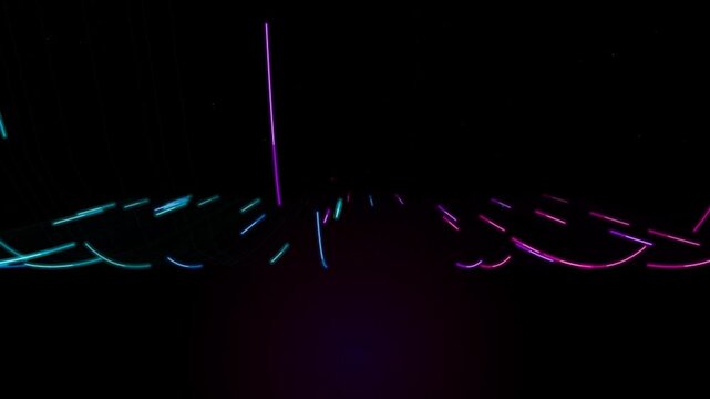 Abstract futuristic neon light lines dancing across dark digital grid in motion graphics clip.